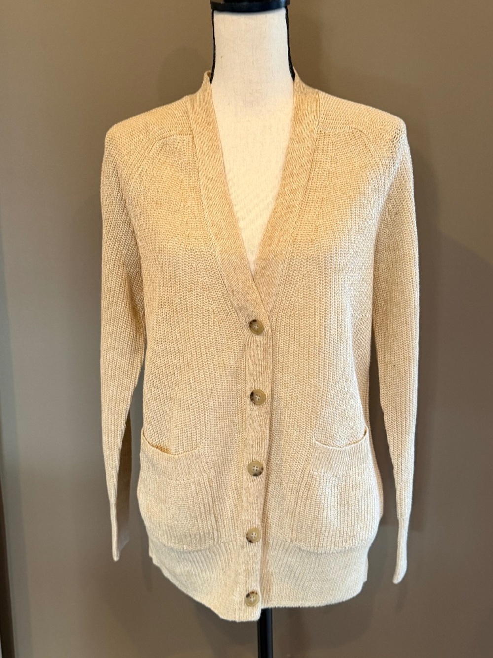 J. Crew Linen Blend Tan Knit Button Down Cardigan Academia Luxury, Size Small